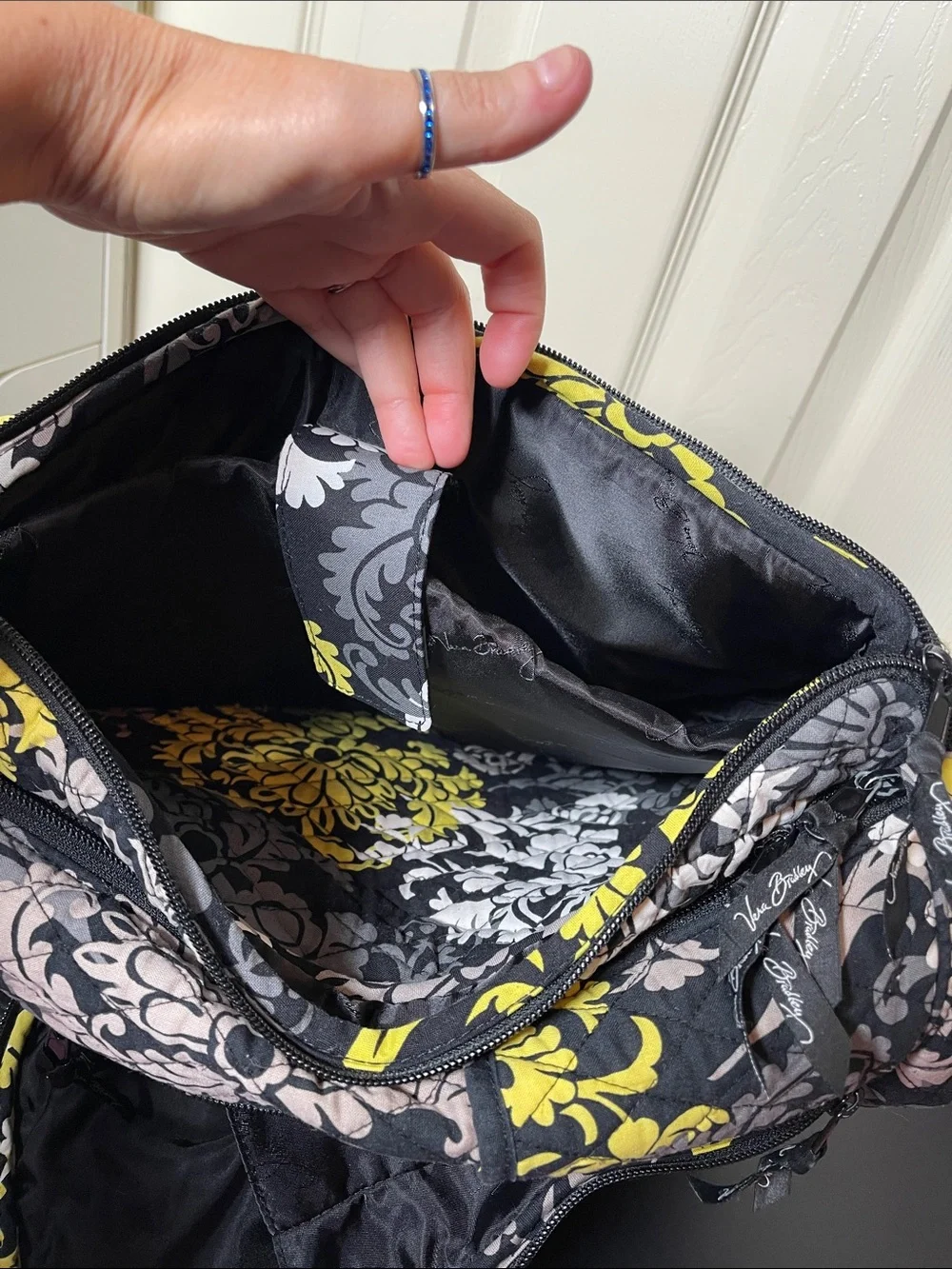 Vera Bradley Black Travel Backpack with Yellow, Gray & Cream Floral Print